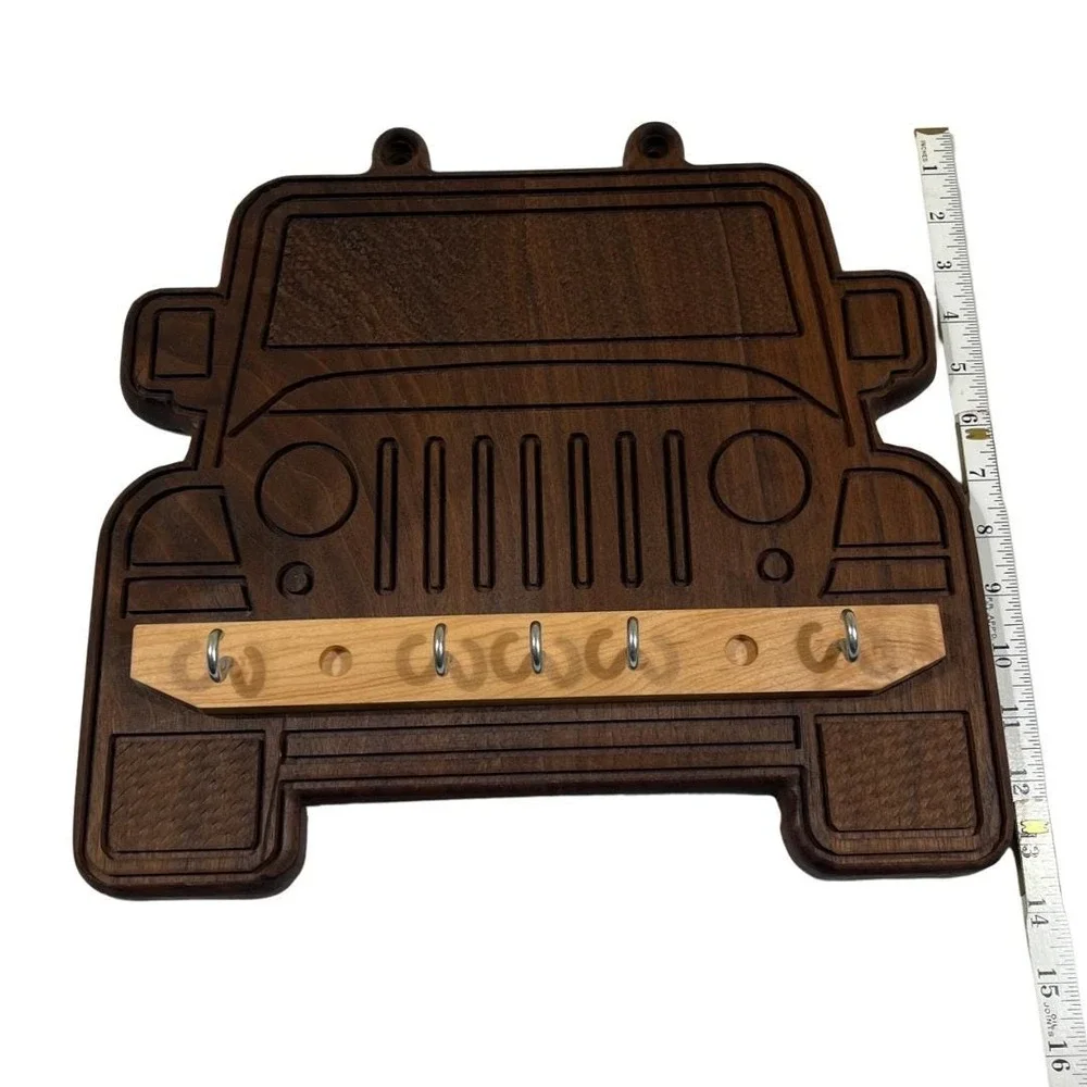 Jeep Grill Key Holder, Walnut Wood Off Road Wall Decor, Entryway Hanging Hooks